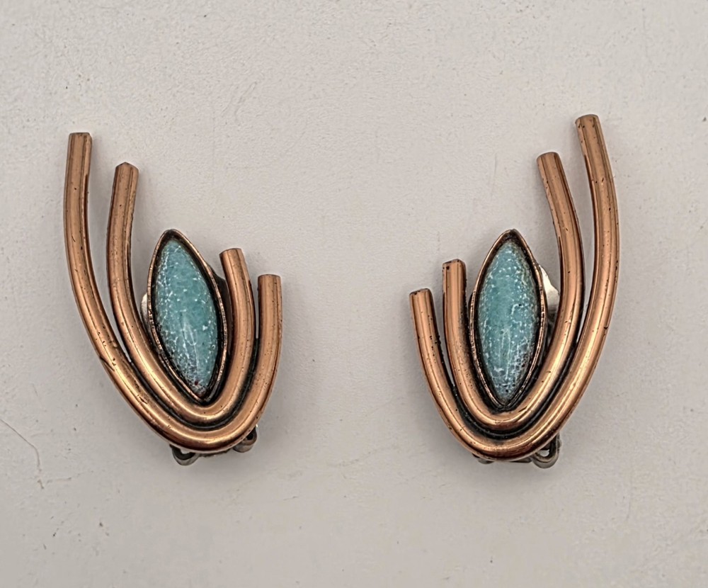 Matisse Renoir Copper Clip-On Earrings Enameled Blue Marquise Signed Marquise