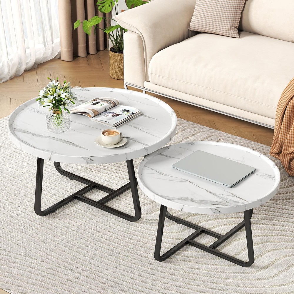 2 pcs Modern Round Coffee Tables Living Room Nesting Coffee Table Set Side Table