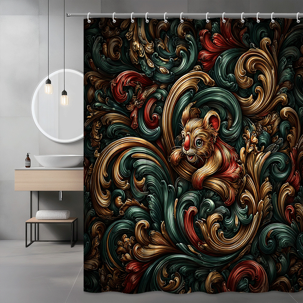 Mouse Floral Swirl Shower Curtain, Dark Green Gold Red Graphic Print