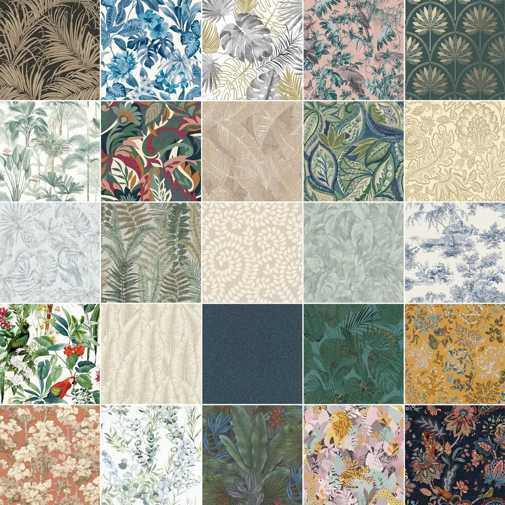 TREES & LEAVES WALLPAPER - FLORAL METALLIC TROPICAL GLITTER PALM LEAF TRAILS