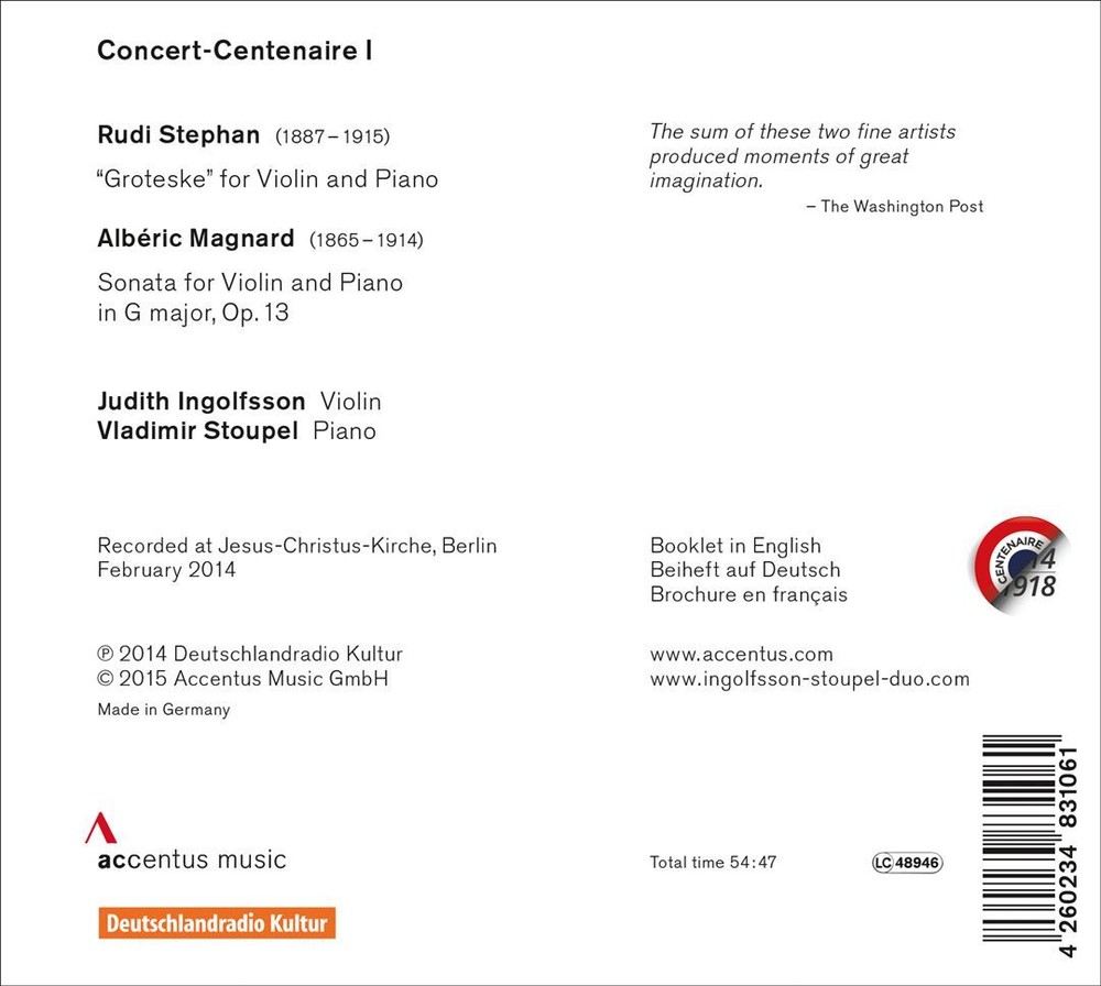 JUDITH INGOLFSSON / VLADIMIR STOUPEL CONCERT-CENTENAIRE I: RUDI STEPHAN, ALBÉRIC