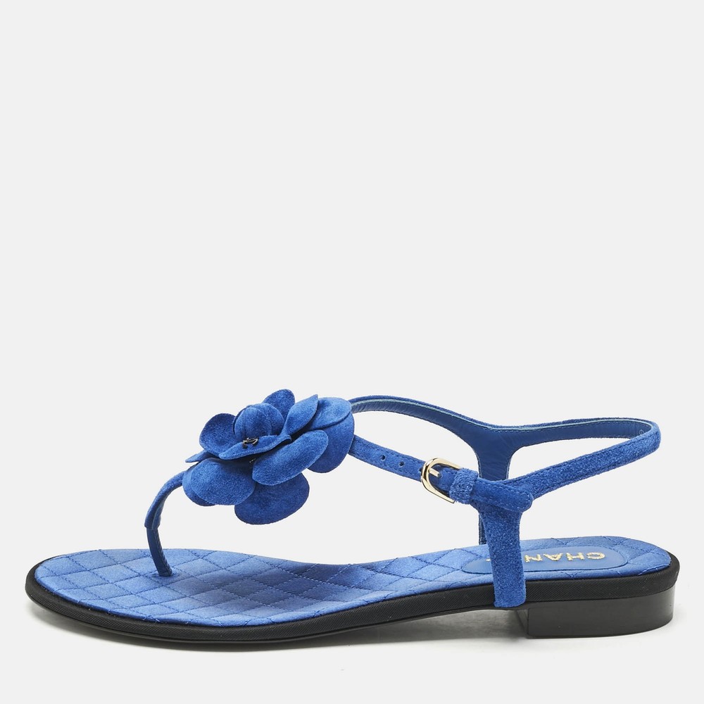 Chanel Blue Suede Camellia Thong Sandals EU 39