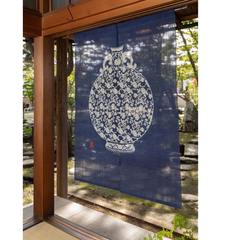 Japanese Linen Noren Curtain Indigo Vase Motif 84x120cm Made in Japan