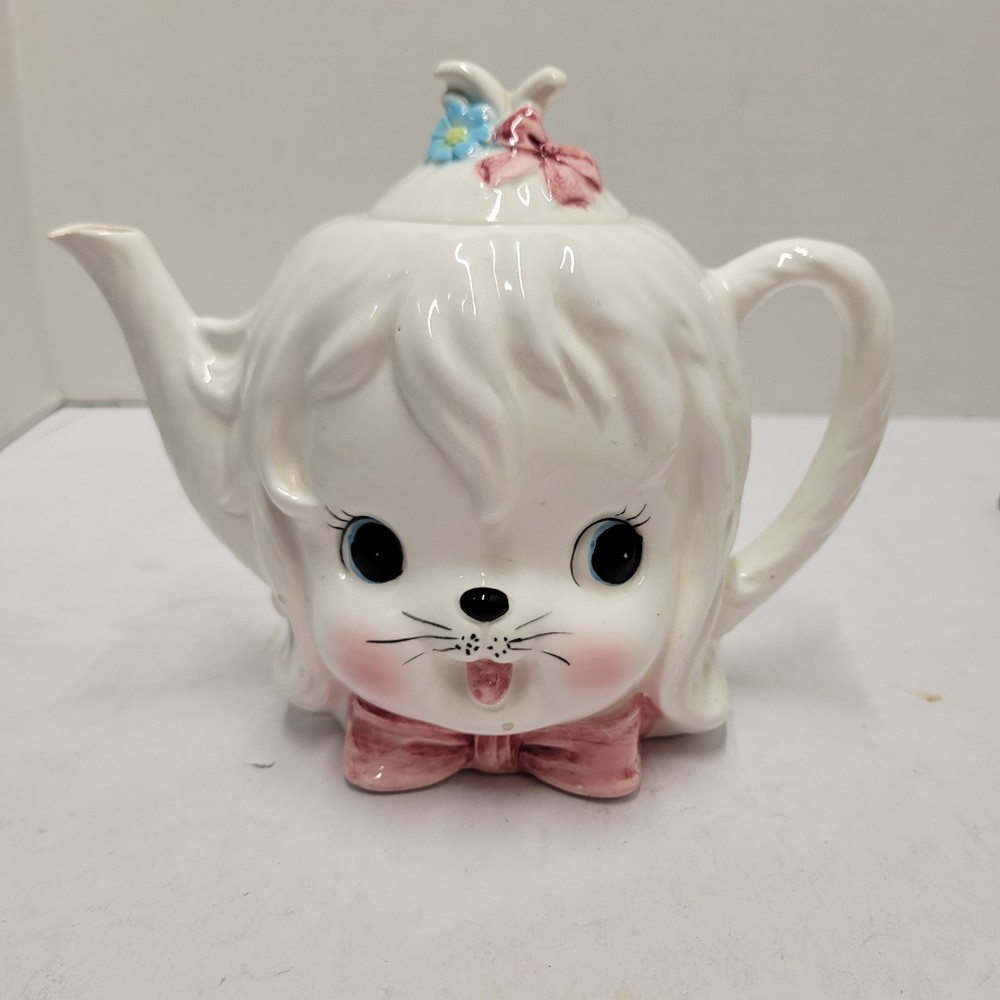 RARE Vintage Lefton Mr. Toodles Maltese Tea Pot w/ Lid Dog Kitschy Pink Bow