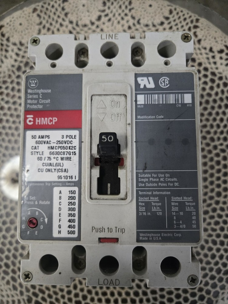 USED Westinghouse  HMCP050K2C 50 Amp 600 Volt 3 Pole Circuit Breaker #C.     (I)