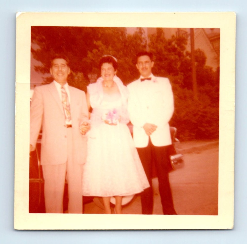 Old Vintage Square Color Photo MEN WOMAN BRIDE GROOM WEDDING DRESS PIC
