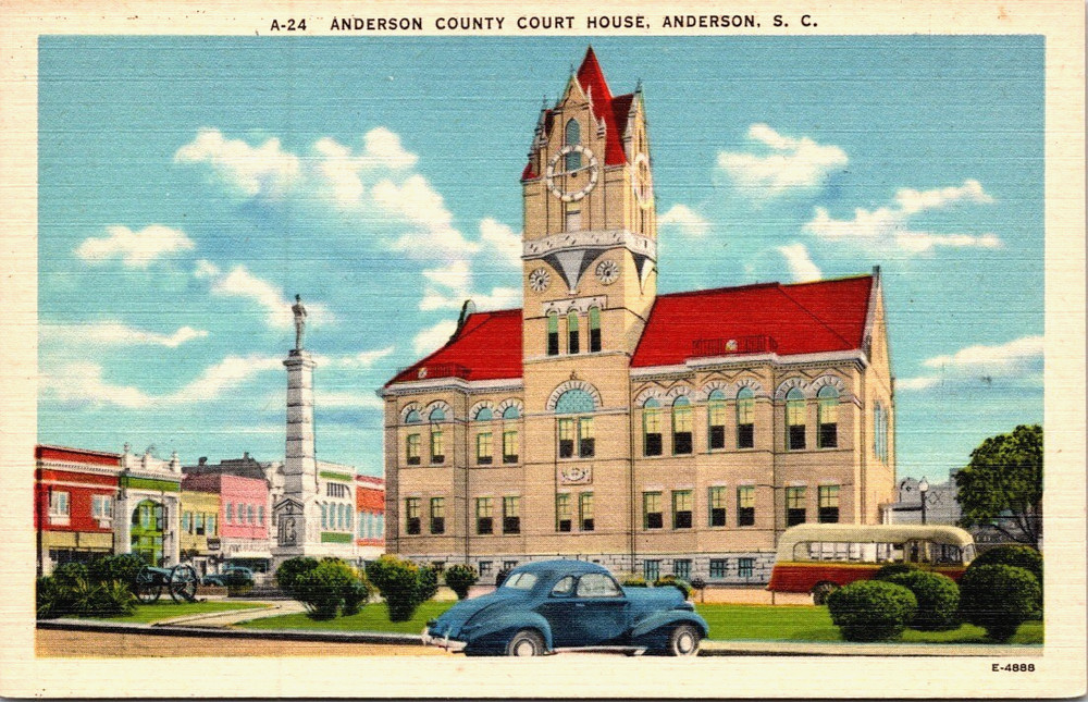 View Anderson County Court House South Carolina Clock Tower Linen Postcard c1945