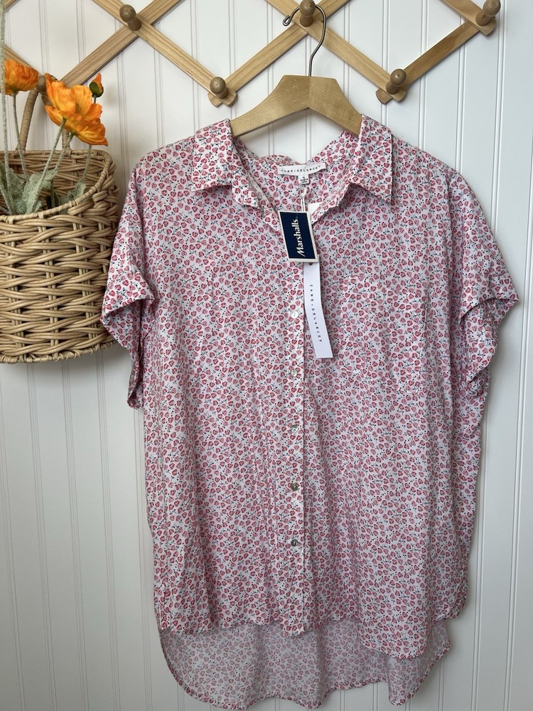 Jane + Delancey Women's XL Red White Floral Button-Up Blouse