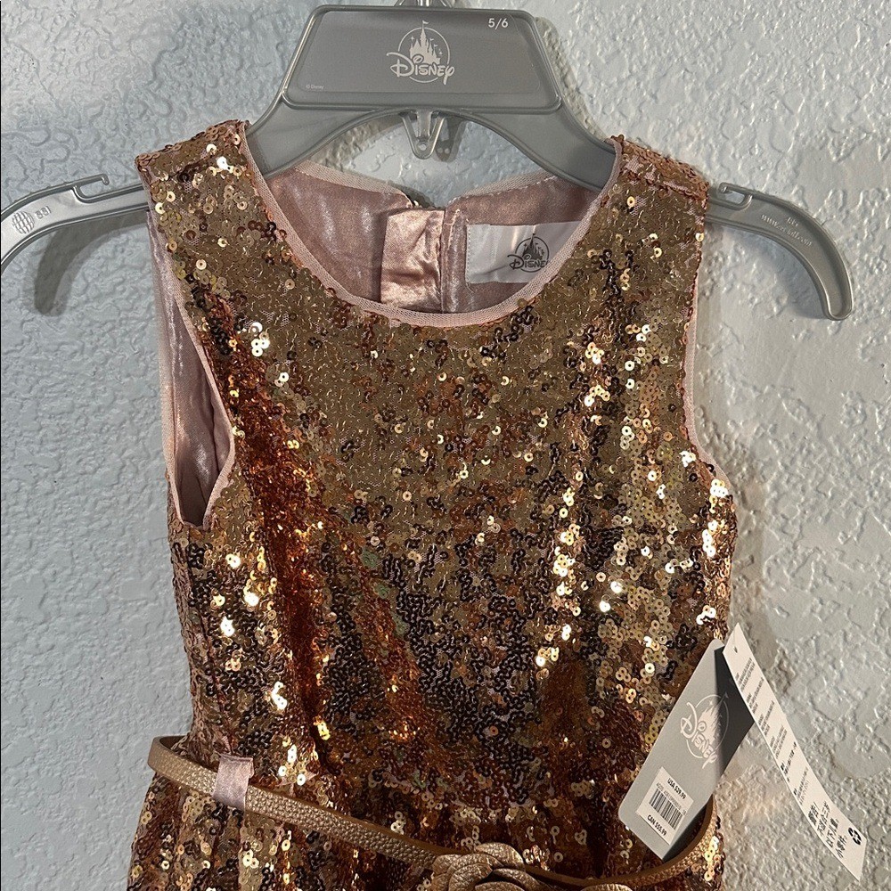 DISNEY Belle Sequin Gold Rose Gold Sleeveless Party A-Line Girl's Dress 5/6 NWT