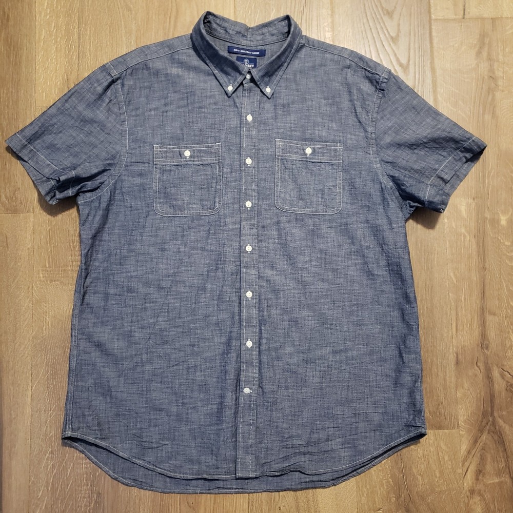 Old Navy Men Button Down Short Sleeve Shirt Chambray Double Pocket  Slim Fit XXL