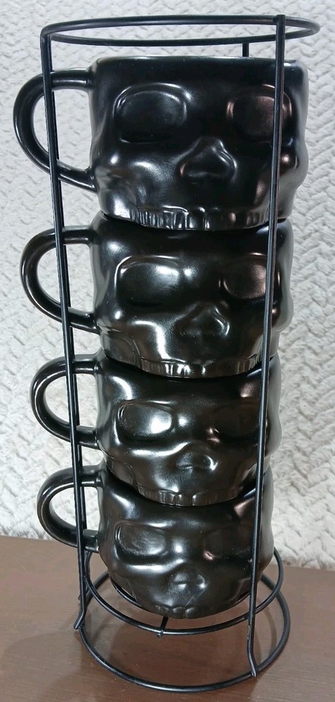 Black 3D Skull 12oz Ceramic Stacking Mug Set of 4 Metal Rack 4