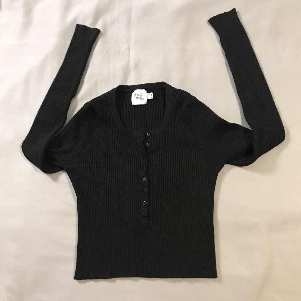 Princess Polly Top Womens 2 Black Ribbed Cropped 3/4 Button