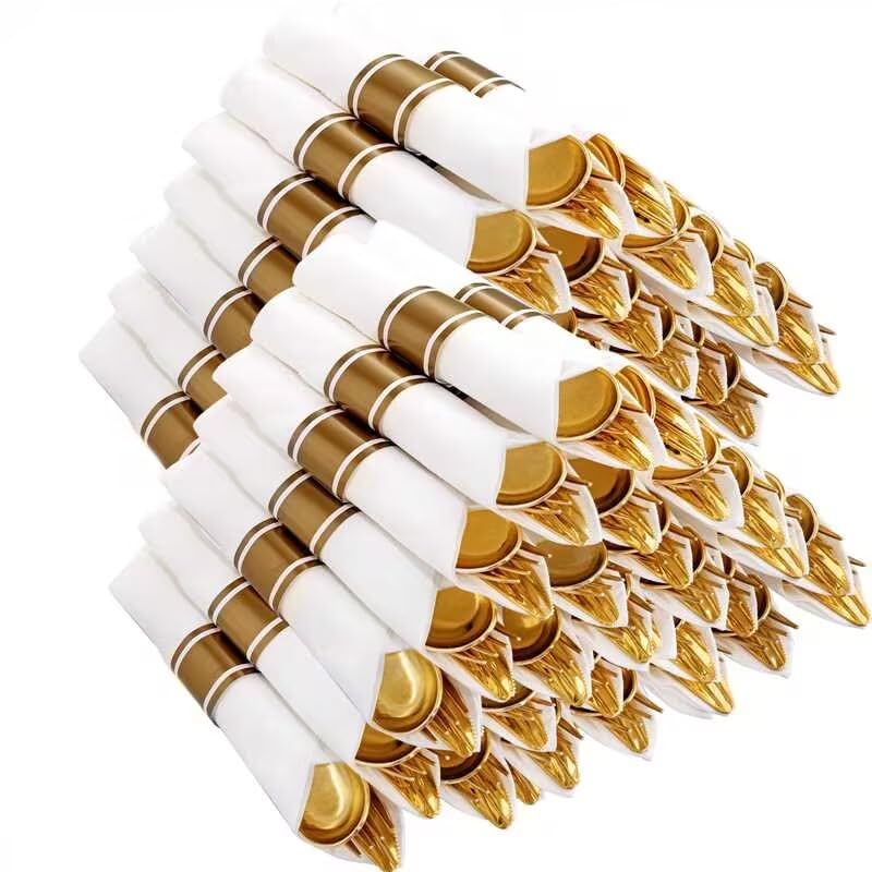 400PCS Pre Rolled Gold Plastic Silverware Sets - Heavy Duty Gold Cutlery - In...
