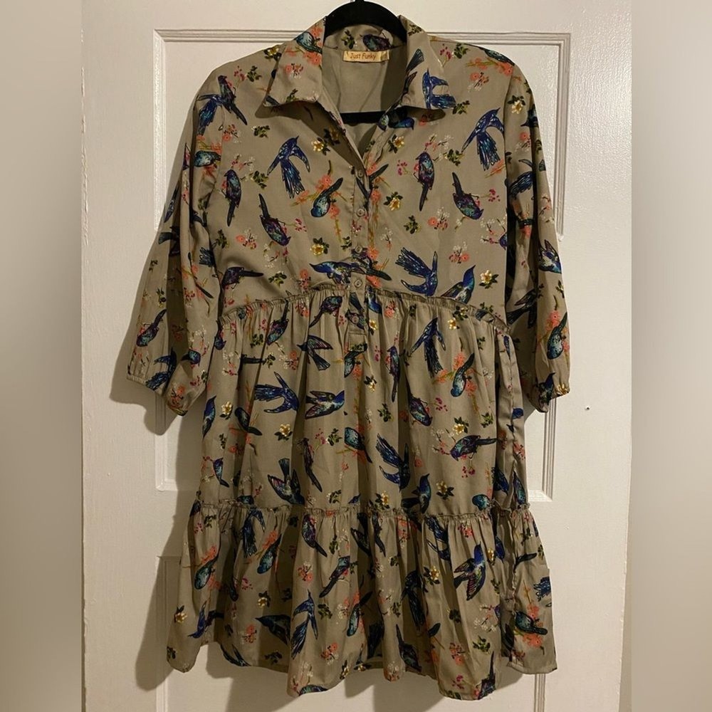 Just Funky Blue Bird Floral Pattern Grey Fit and Flare Long Sleeve Layered Dress