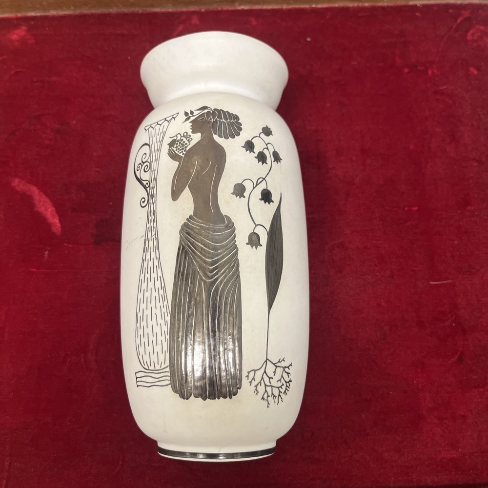 Vintage Gustavsberg Pottery Grazia Sweden Vase silver Overlay
