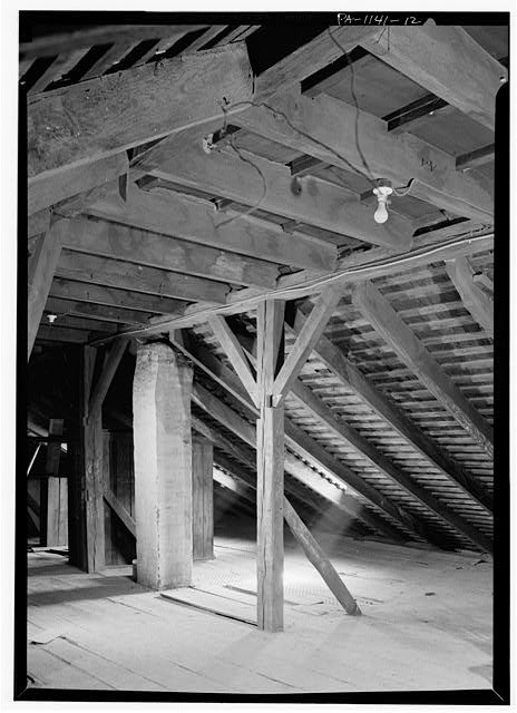 12. Attic of original building, detail of typical roof framing - Single