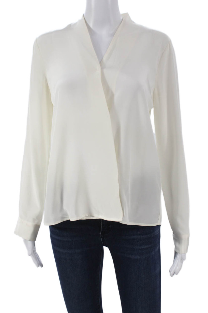 Cuyana Women Silk Collared Long Sleeve Basic Blouse Ivory Pullover Size XSFree Shipping in US $100+ Orders | $6.95 Orders Below