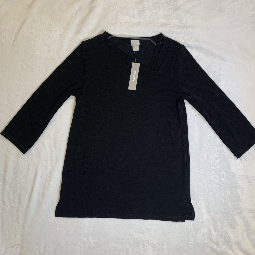 NWT Chico’s Travelers Top Size 0 Black 3/4 Sleeve Asymmetrical Neck Stretch