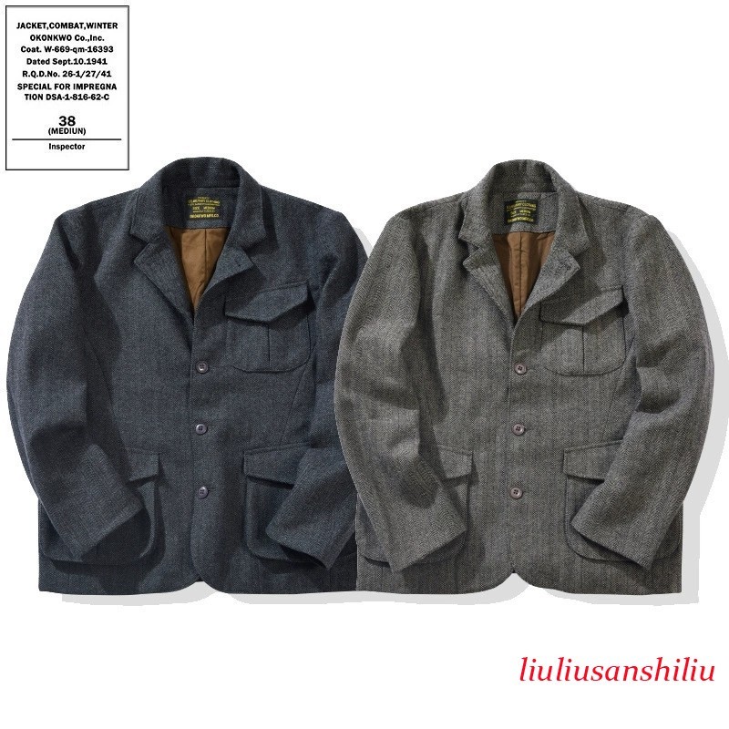 Vintage Mens Wool Jacket Retro Herringbone Thick Coat Winter Outdoor Casual Suit