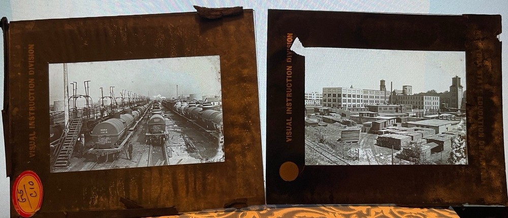 Antique Railroad Freight Yard Glass Magic Lantern Slides Industrial Photos Pair