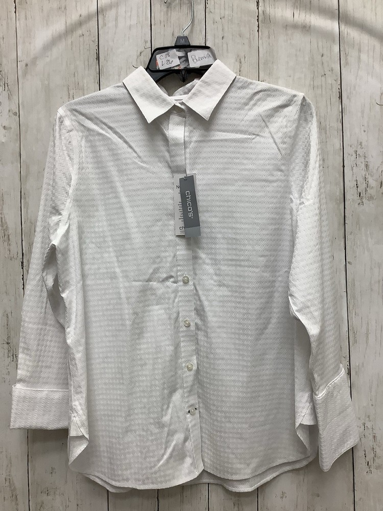 Chico's Women's Size 1 (US 8) White Textured No-Iron Stretch Button Down Shirt