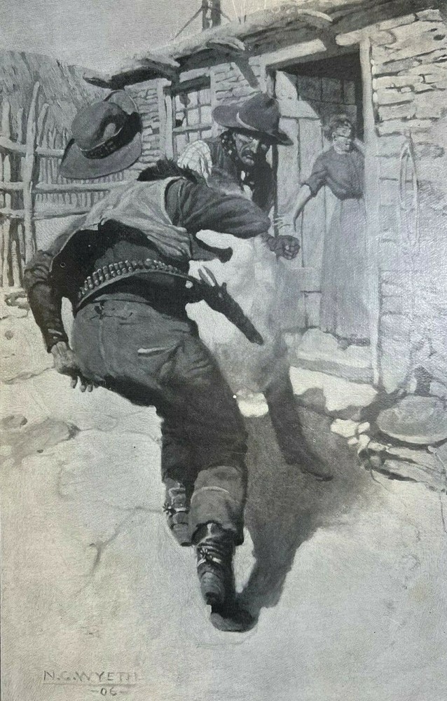 1906 Vintage Magazine Illustration Western Cowboy Gun Fight N C Wyeth