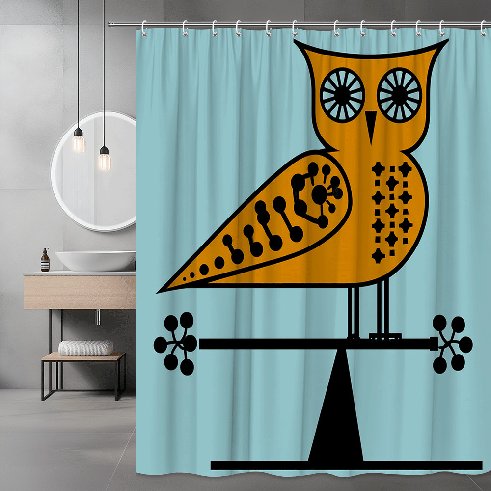 Mid Century Owl Shower Curtain Graphic Print Blue Orange