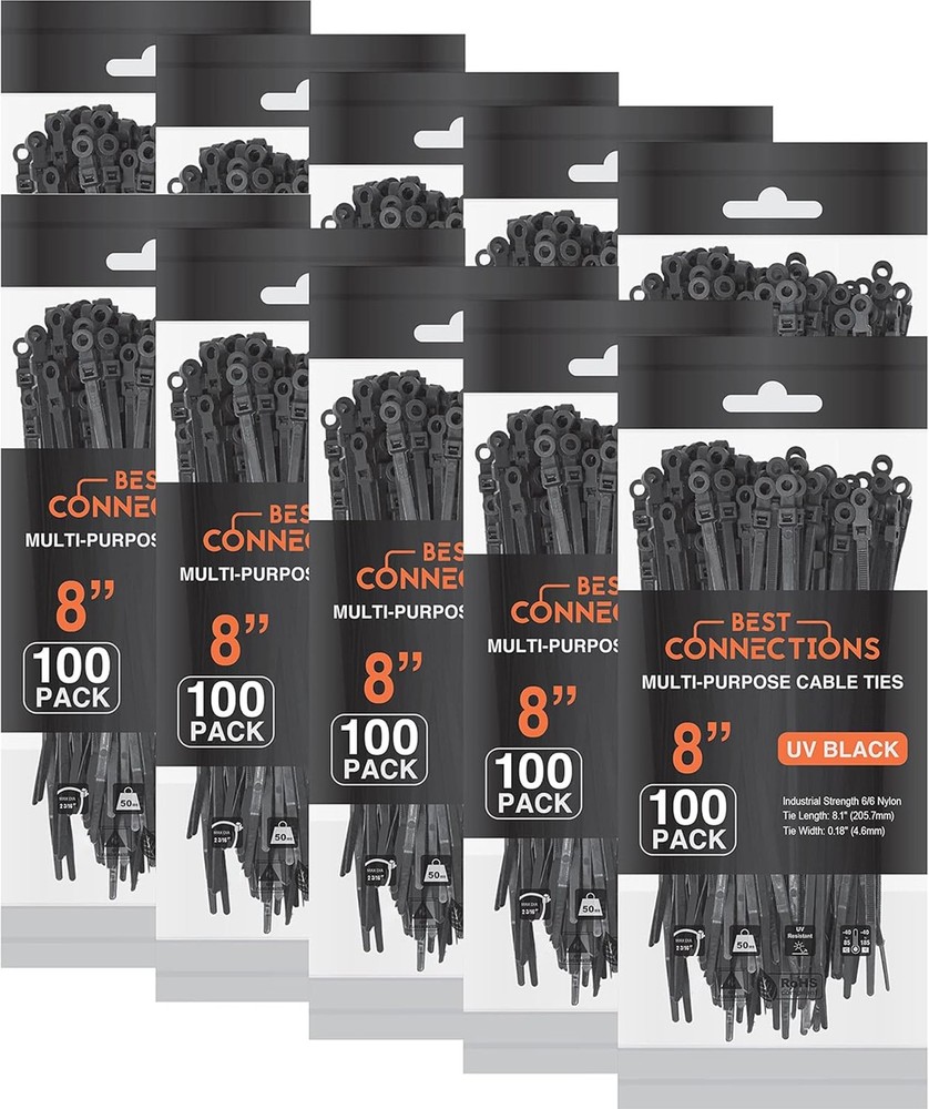 1000-Piece Black 8-Inch Cable Ties with Screw Hole