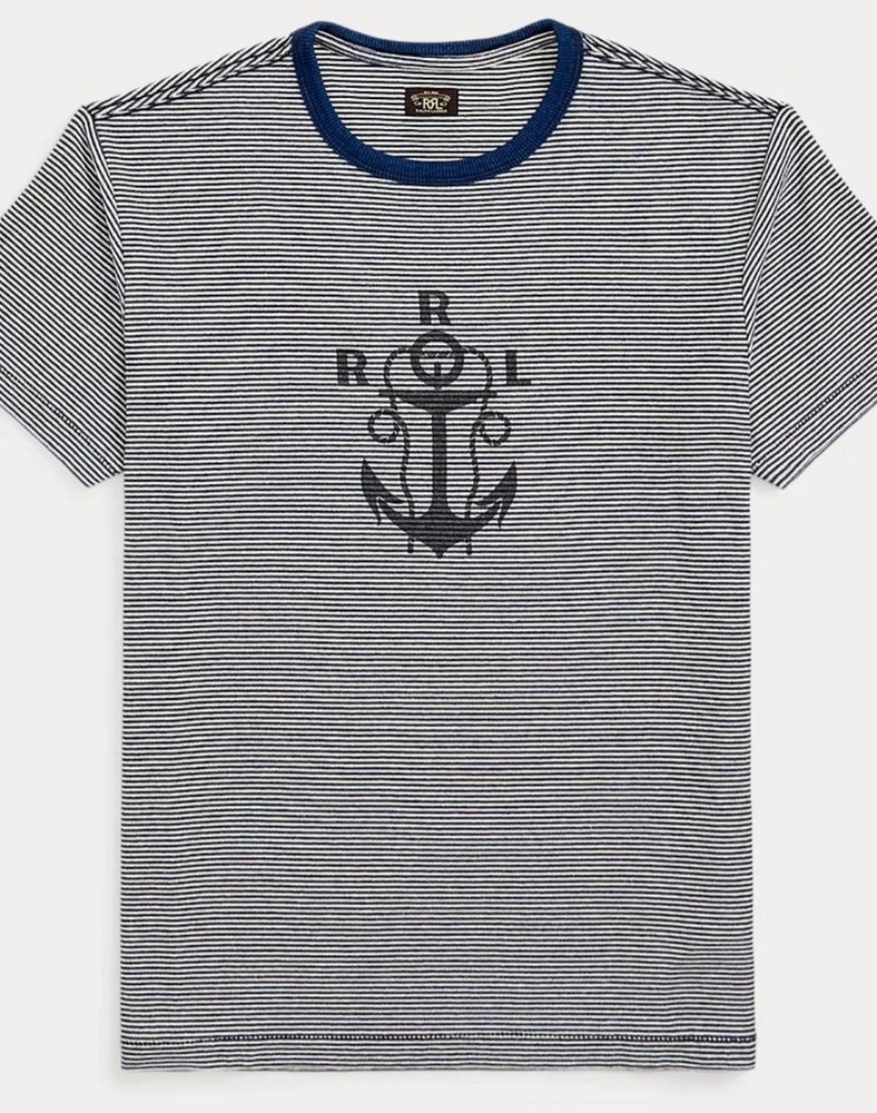 Double RL Ralph Lauren Navy Striped Knit Cotton Graphic Ringer T-Shirt L NWT RRL