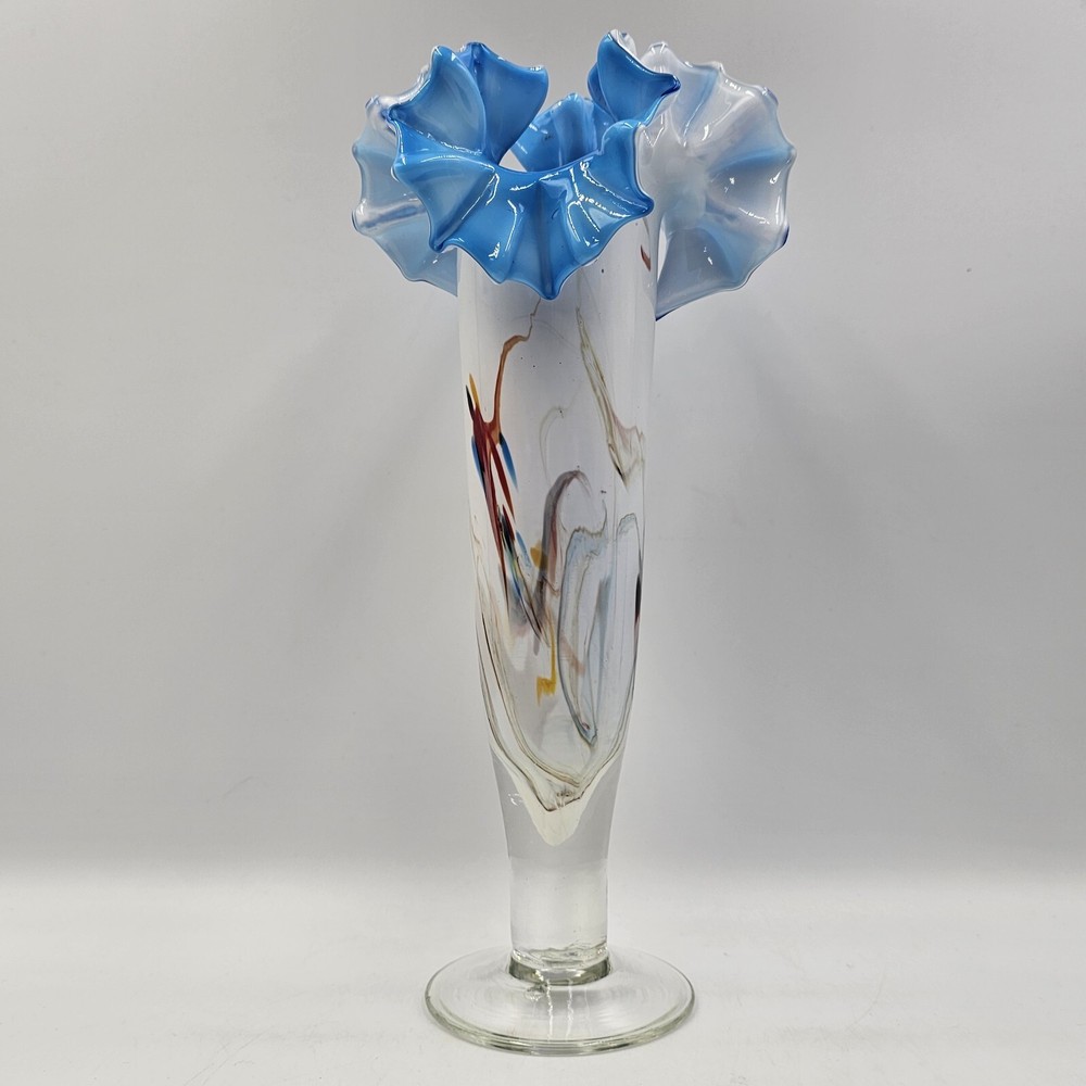 Hand Blown Blue Fluted Ruffled Crimped Art Glass Pedestal Vase-image