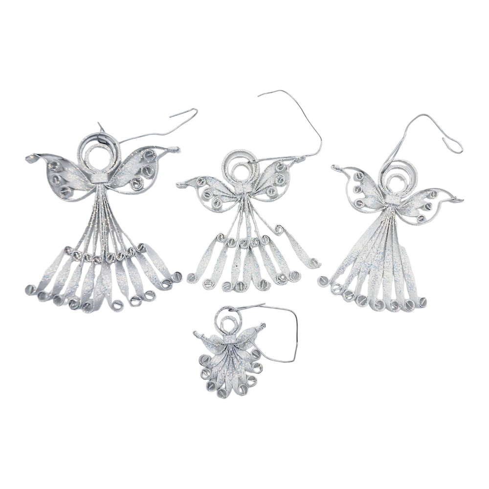Vintage Quilled Metal Angel Ornaments Set of 4 White Pearl Glitter Handmade
