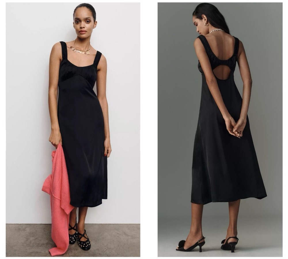 By Anthropologie Black Ruched Sleeveless Midi Slip Dress Sz M