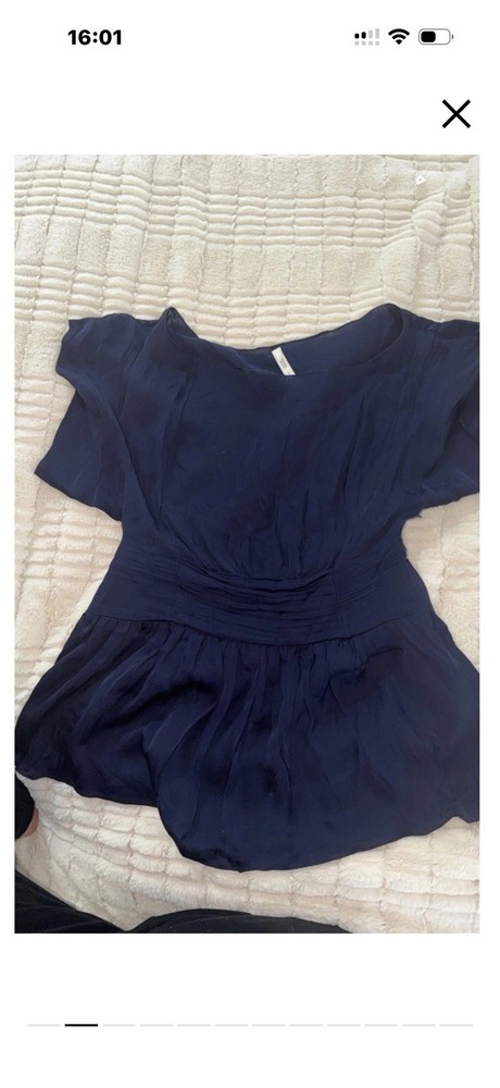 Prada Navy Blue Silk Pleated Short Sleeve Blouse Round Neck Size 44