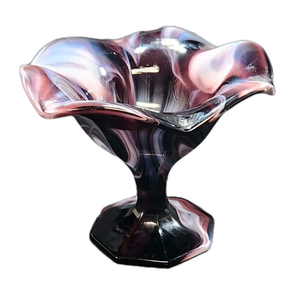 Vintage Imperial Amethyst & White Slag Glass Footed Compote Ruffled Edge Dish