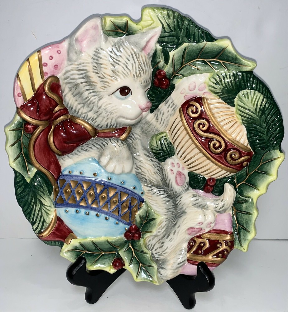 Fitz Floyd Essentials Christmas Holiday Kristmas Kitty Cat Canape Ornament Plate