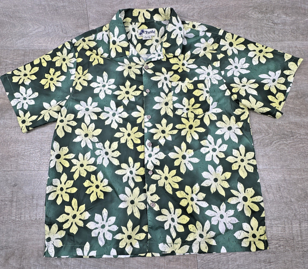 Trunks Men's XXL Floral Hawaiian Shirt Green Yellow Cotton Button Up