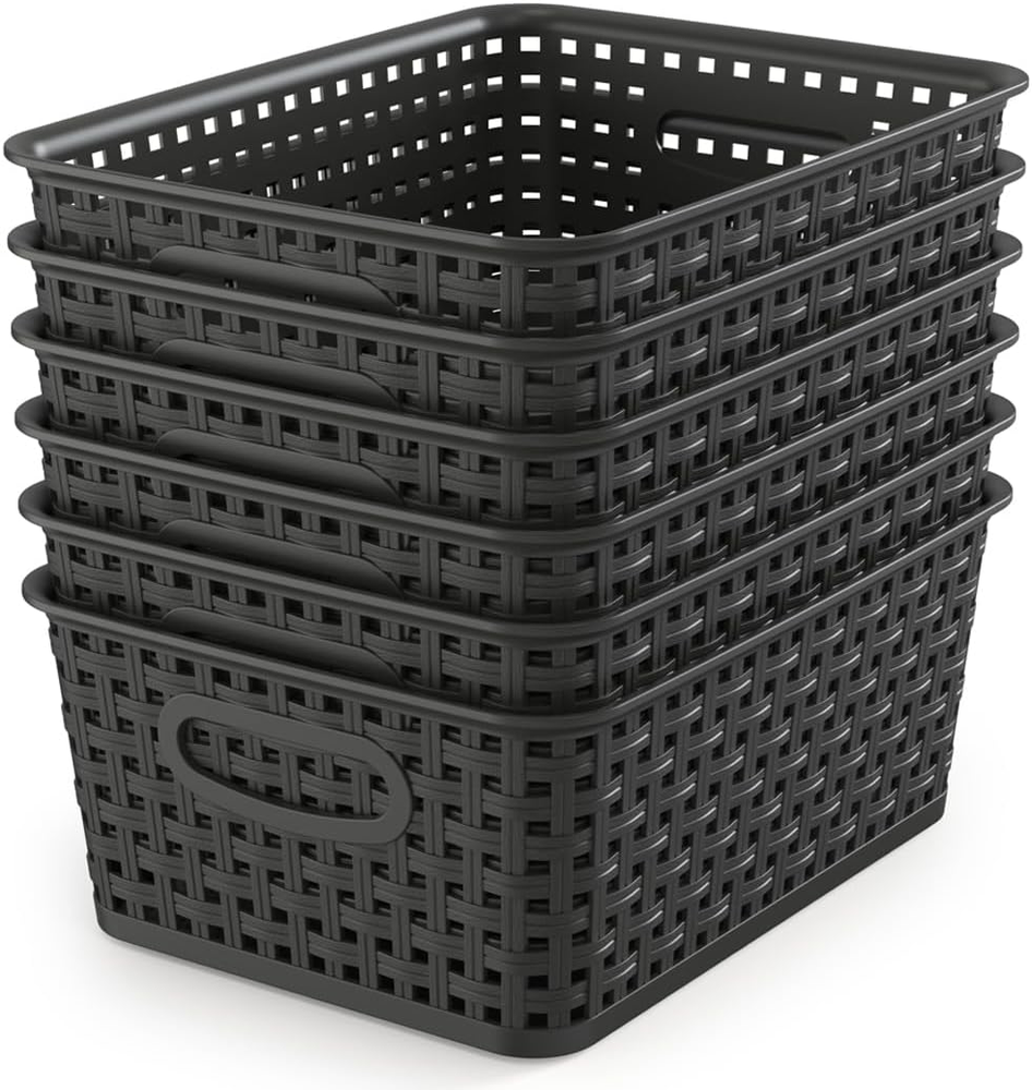 WYT Woven Storage Organizer Basket, 6-Pack Black Plastic Weave Baskets, 10.1 x x