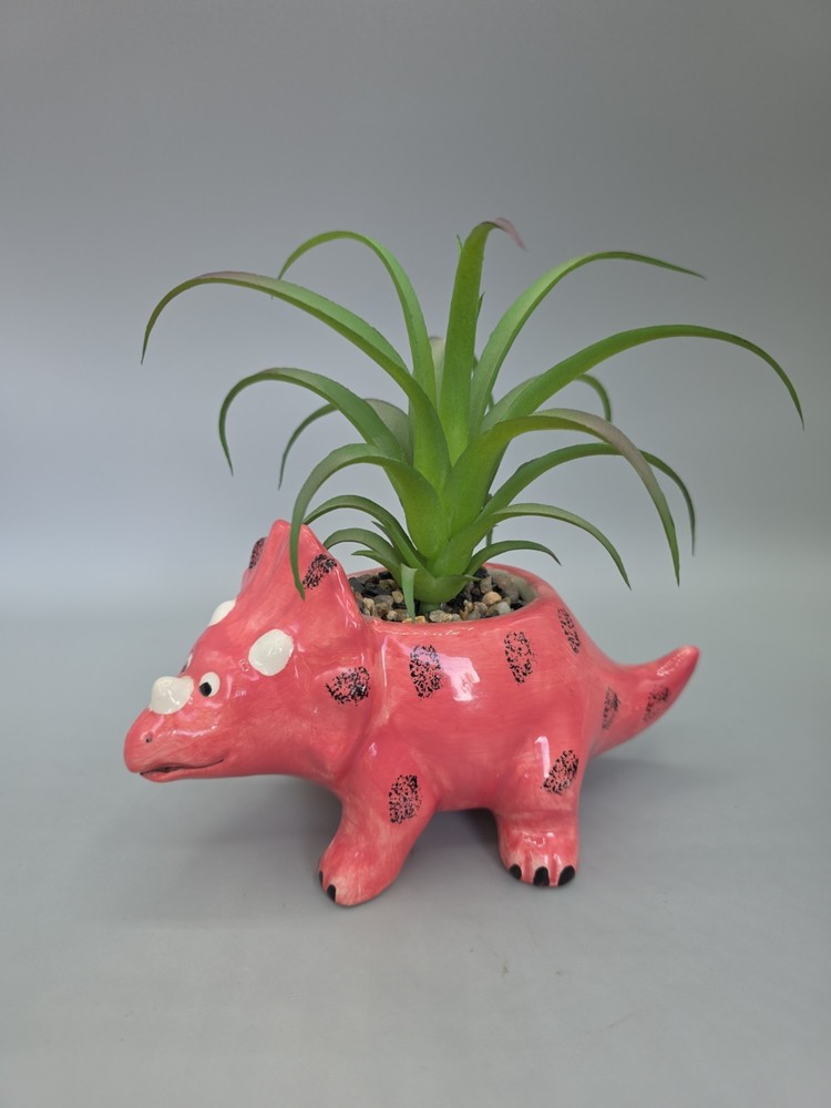 Pink Triceratops Dinosaur Planter with Artificial Succulent- Colorful Ceramic