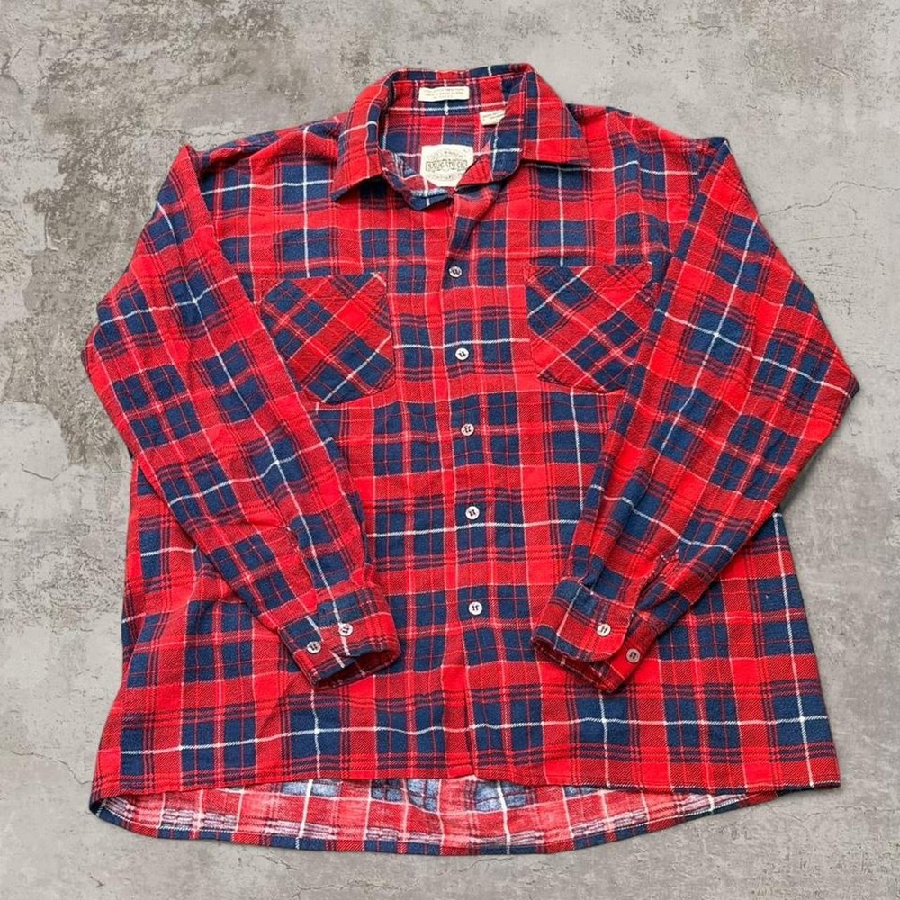 Vintage 90s Saugatuck Dry Goods Red Blue White Plaid Cotton Flannel Shirt Size L