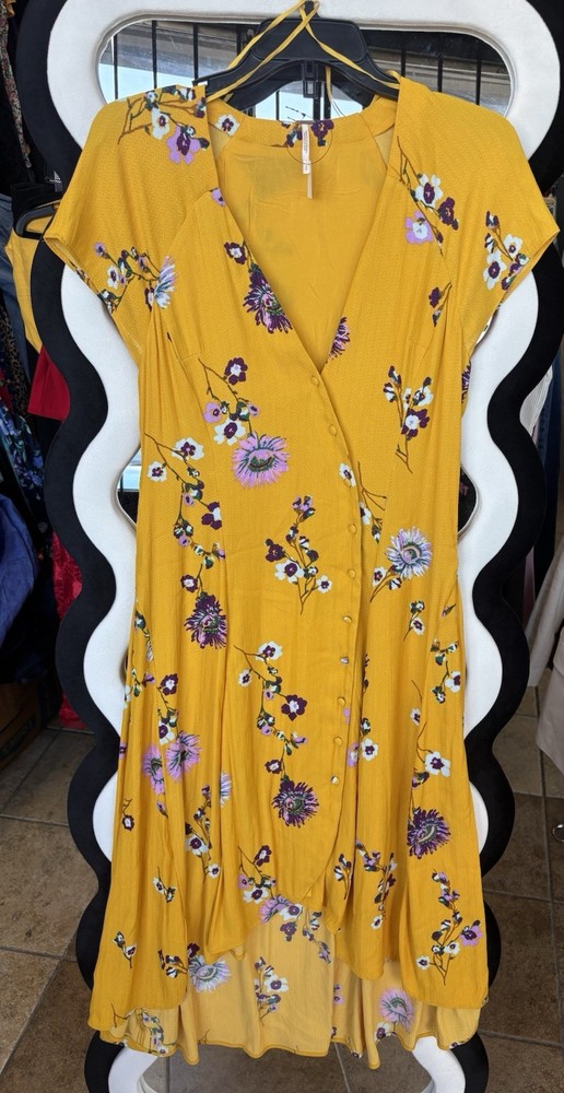 Free People Yellow Floral Wrap Dress V-Neck Cap Sleeve Knee Length Size S