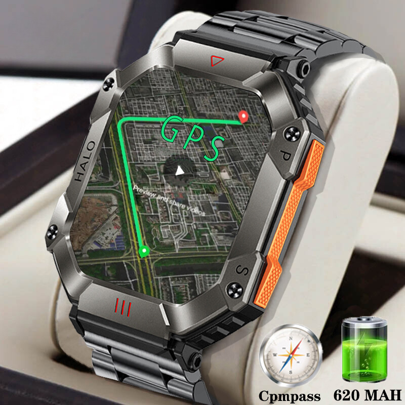 Men's Military Smartwatch with Fitness Tracking & Bluetooth Calls for iOS