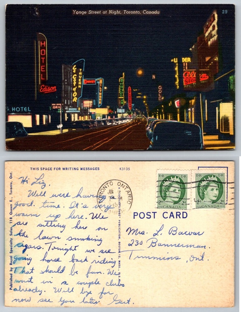 Vintage 1955 Yonge Street Night Toronto Canada Postcard Neon Signs