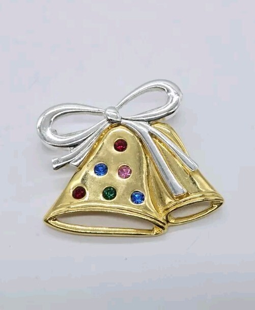 Christmas Bell Brooch Pin Multicolored Crystal accent Gold & Silver 1.5 in-image
