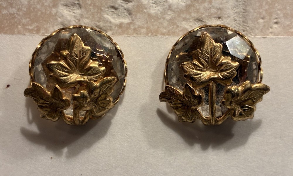Vintage Miriam Haskell Signed Clip On Earrings Clear Glass Gold Leaves