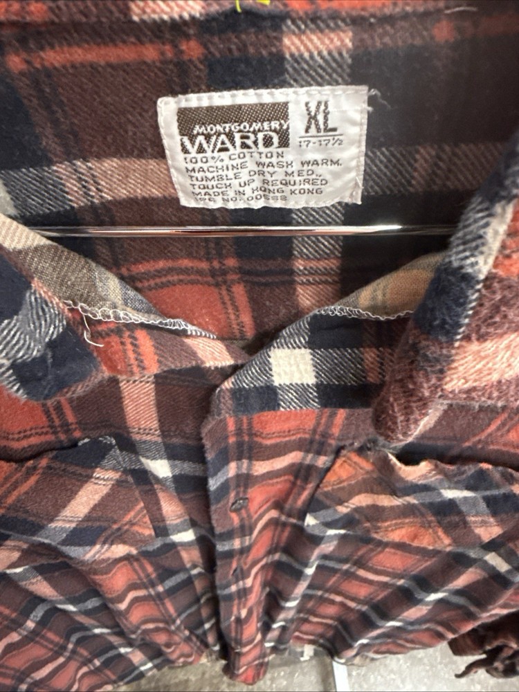 Vintage 70s Montgomery Ward Flannel Shirt XL Red Black Plaid Grunge Workwear