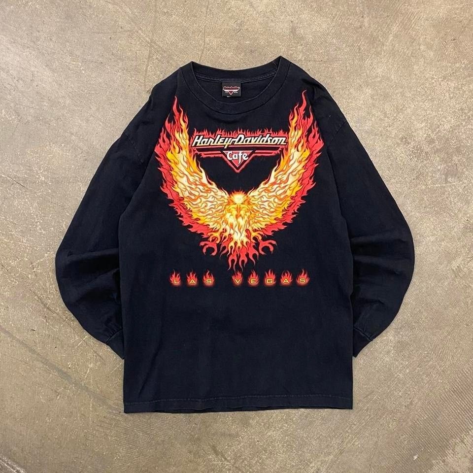 Vintage Harley Davidson Cafe Flames Bird Las Vegas Nevada 90s Longsleeve Shirt L