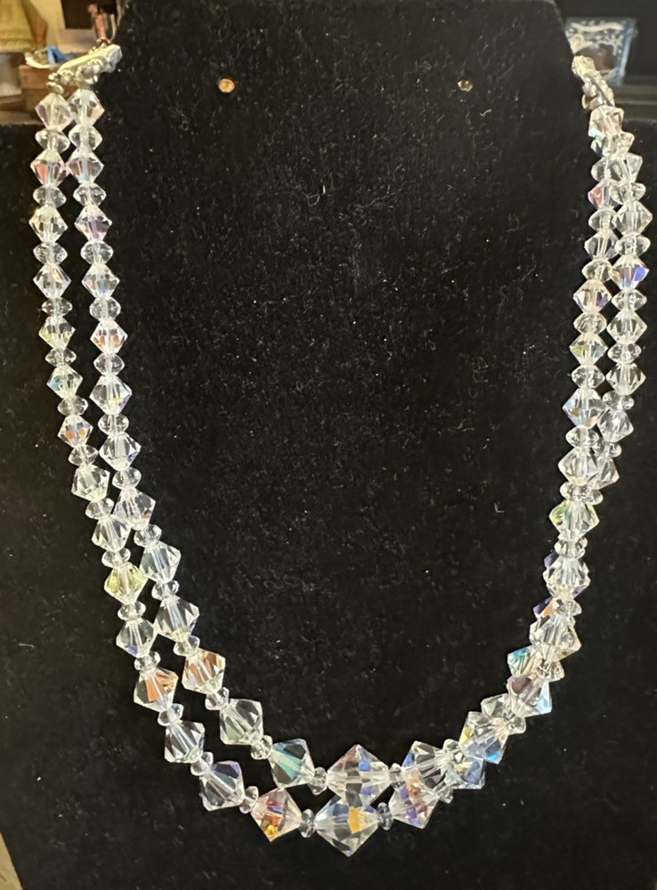 Vintage 1950s Aurora Borealis Crystal Double Strand Necklace Choker AB Graduated
