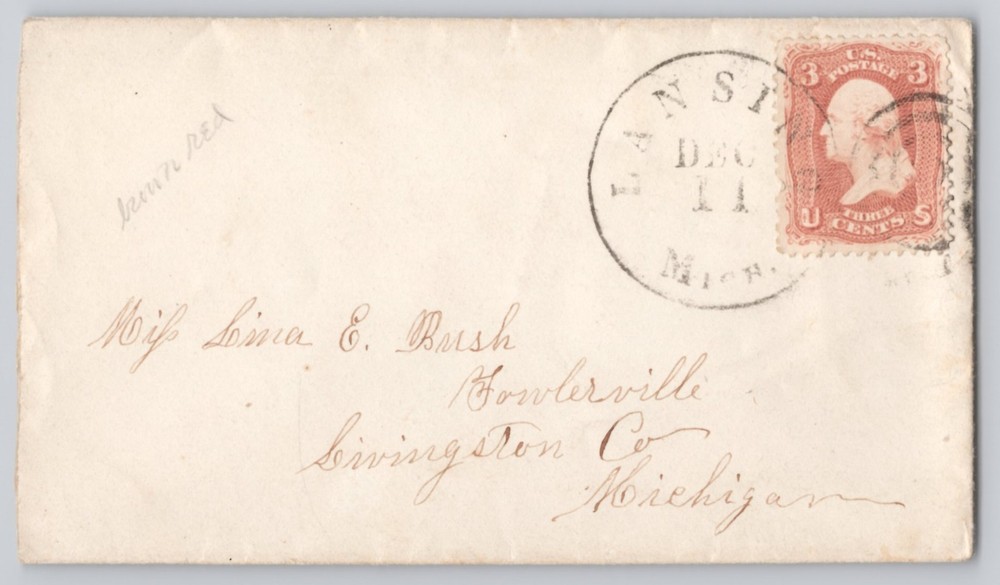 Lansing, Michigan 3c Washington stamped cover addressed to Miss Louisa E. Bush