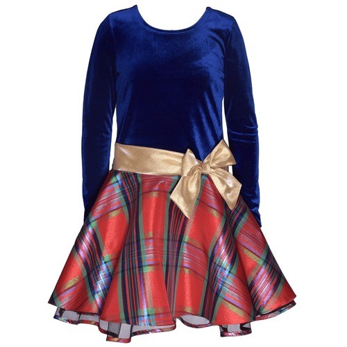 Bonnie Jean Big Girls Long Sleeve Velvet to Plaid Skirt Dress Blue Size 16