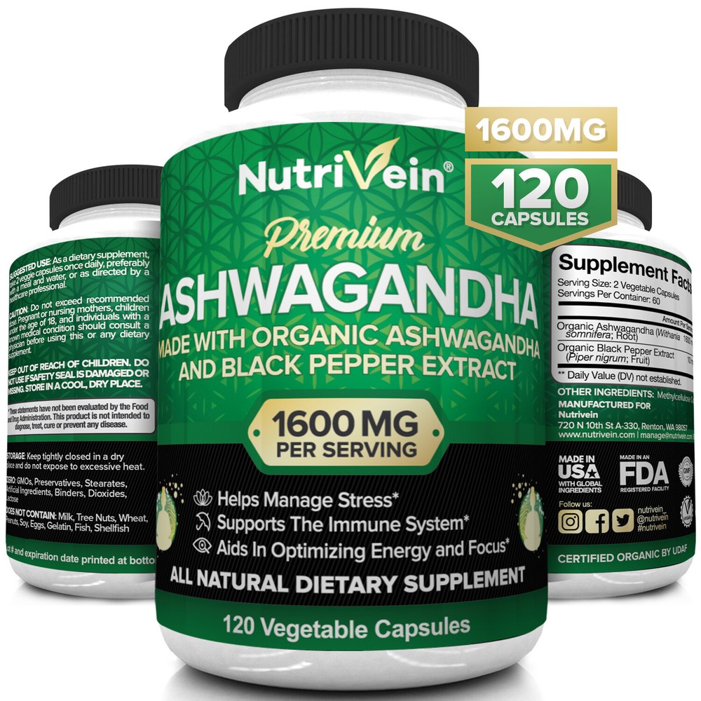 Nutrivein Organic Ashwagandha Capsules 1600mg with Black Pepper Extract - 120 Ve